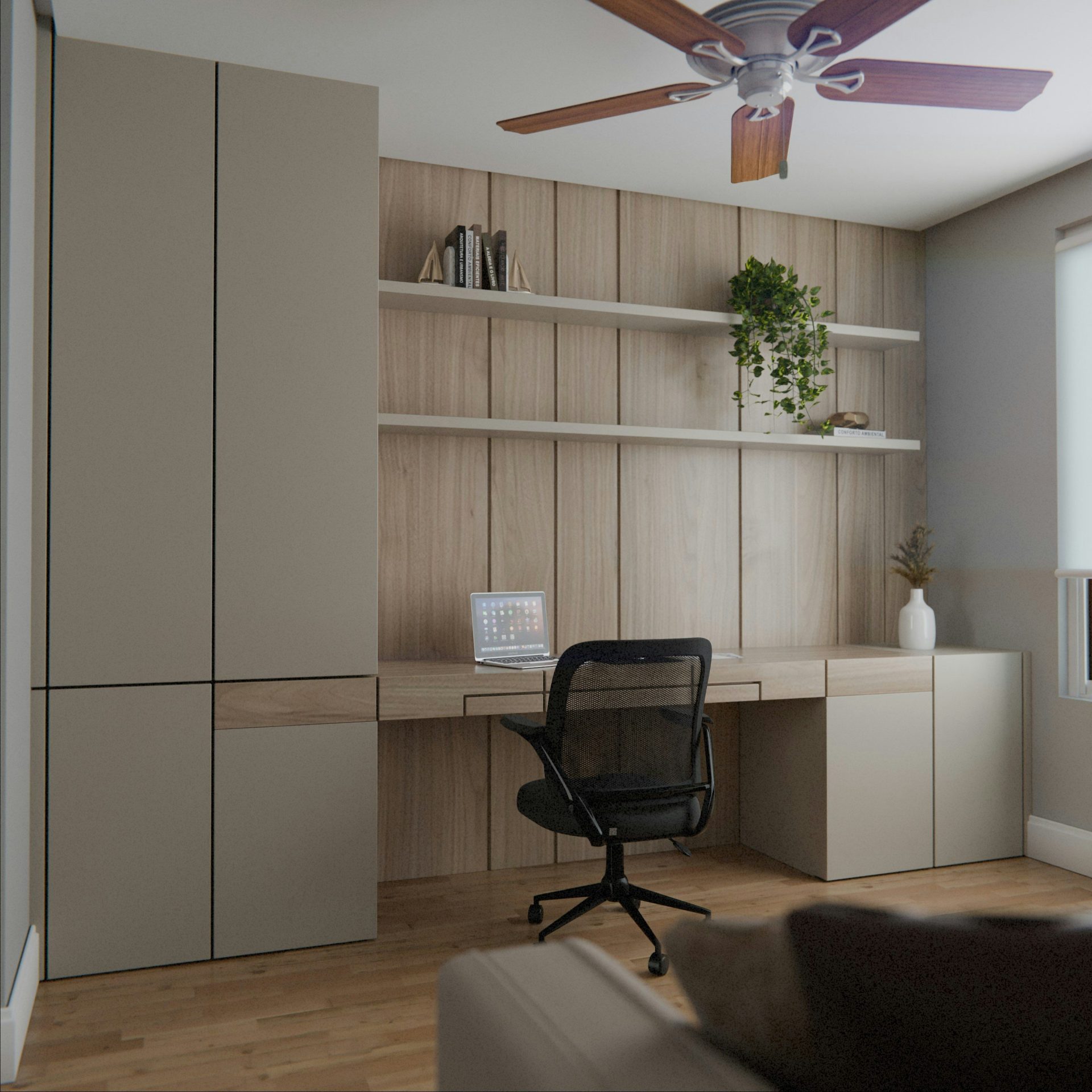 Modern home office with built-in desk and storage.